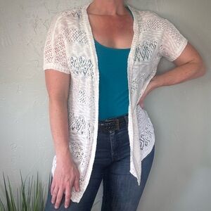Cloud Chaser White Open-Knit Short-Sleeve Cardigan Sweater